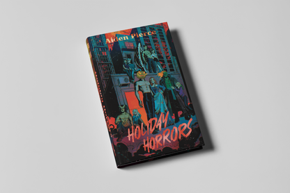 Book titled 'Holiday Horrors' by Aiden Pierce on a gray background